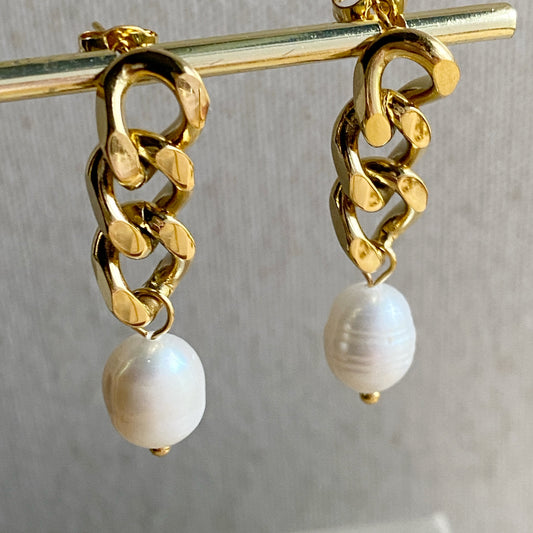 Pearl Gold Cuban Chain Dangle Earrings Hypoallergenic Stainless Steel