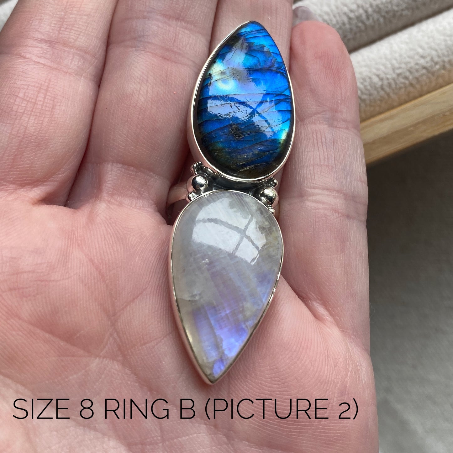 Labradorite and Moonstone Sterling Silver Statement Ring (one-of-a-kind - please review pictures and sizes carefully!)