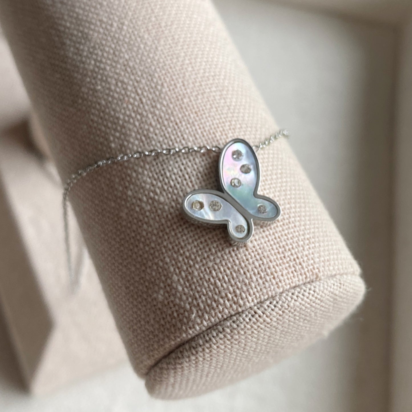 Butterfly Necklace Silver Mother Of Pearl CZ Stainless Steel Jewelry