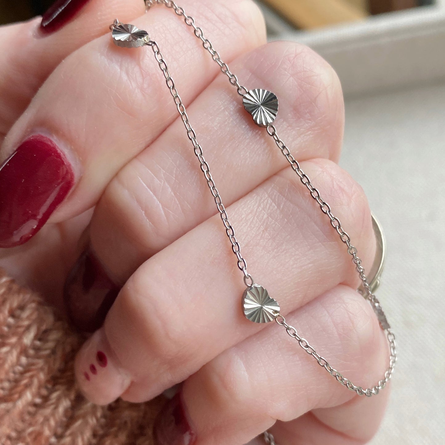 Fluted Heart Chain Stainless Steel Silver Waterproof Jewelry