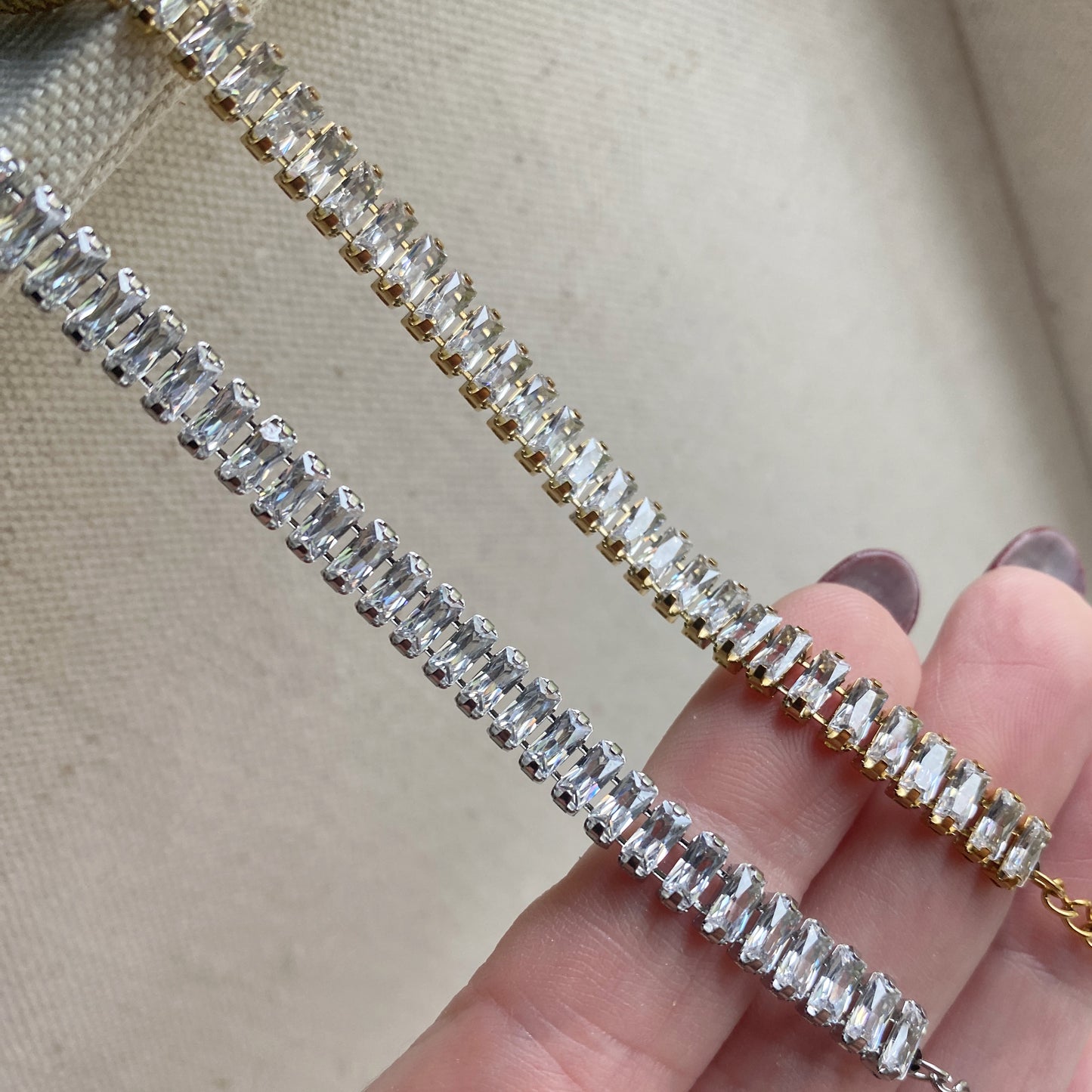 Tennis Bracelet Baguette CZ Stainless Steel Gold or Silver Waterproof