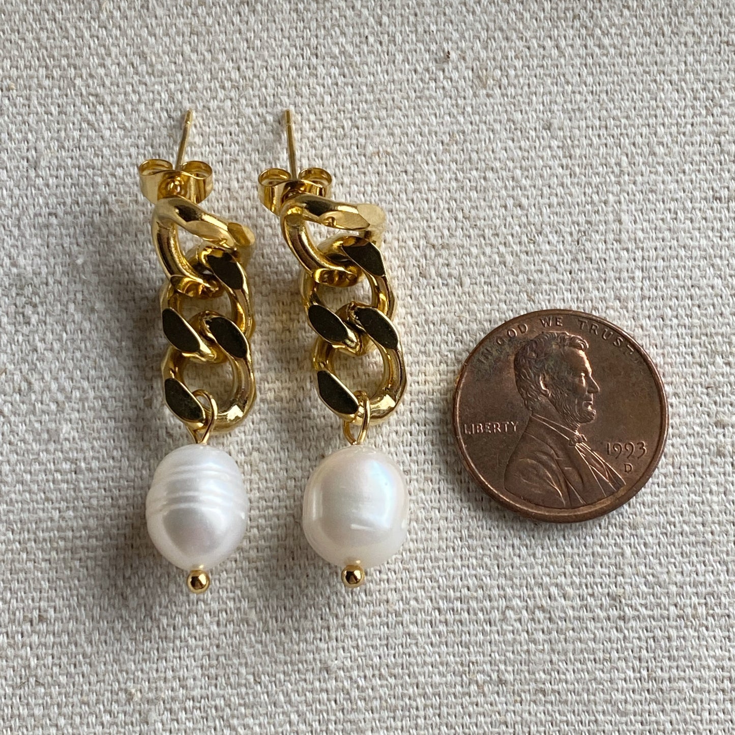 Pearl Gold Cuban Chain Dangle Earrings Hypoallergenic Stainless Steel