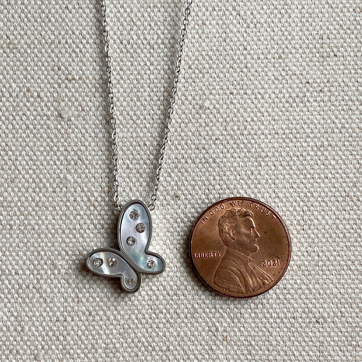 Butterfly Necklace Silver Mother Of Pearl CZ Stainless Steel Jewelry