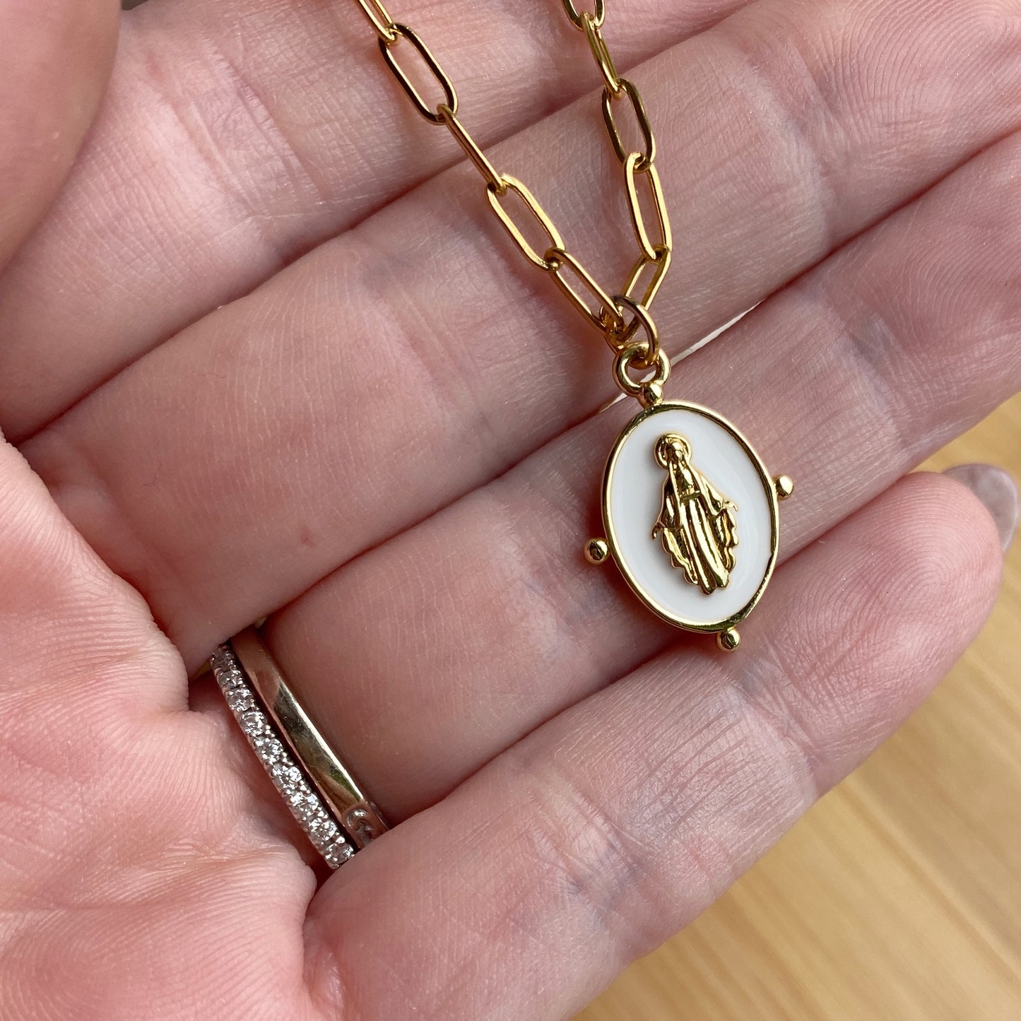 Mary Necklace Gold Enamel Stainless Steel Paperclip Waterproof Sacred Mother Jewelry Pink or White
