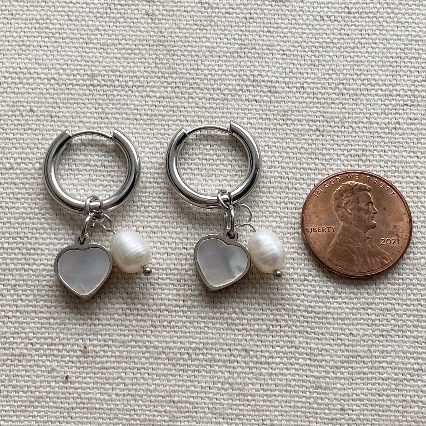 Pearl Heart Hoop Earrings Gold or Silver Stainless Steel Mother Of Pearl