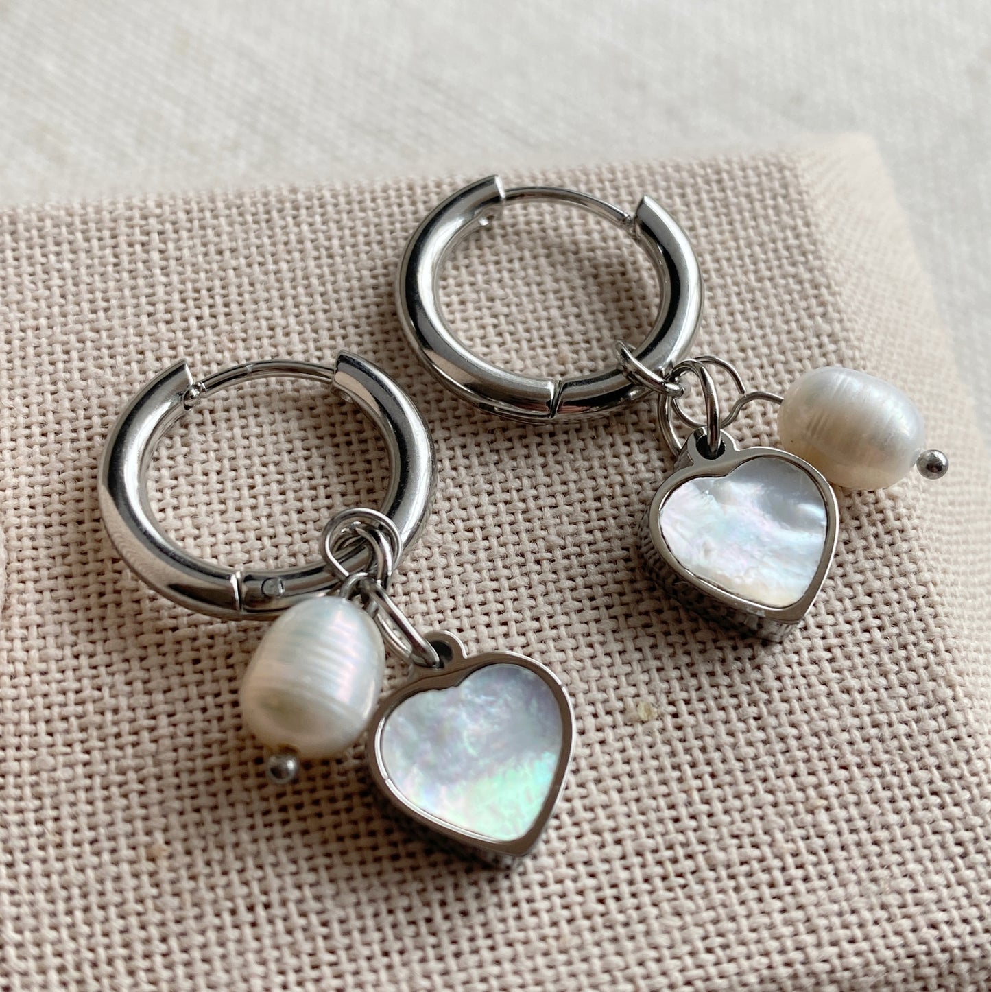 Pearl Heart Hoop Earrings Gold or Silver Stainless Steel Mother Of Pearl