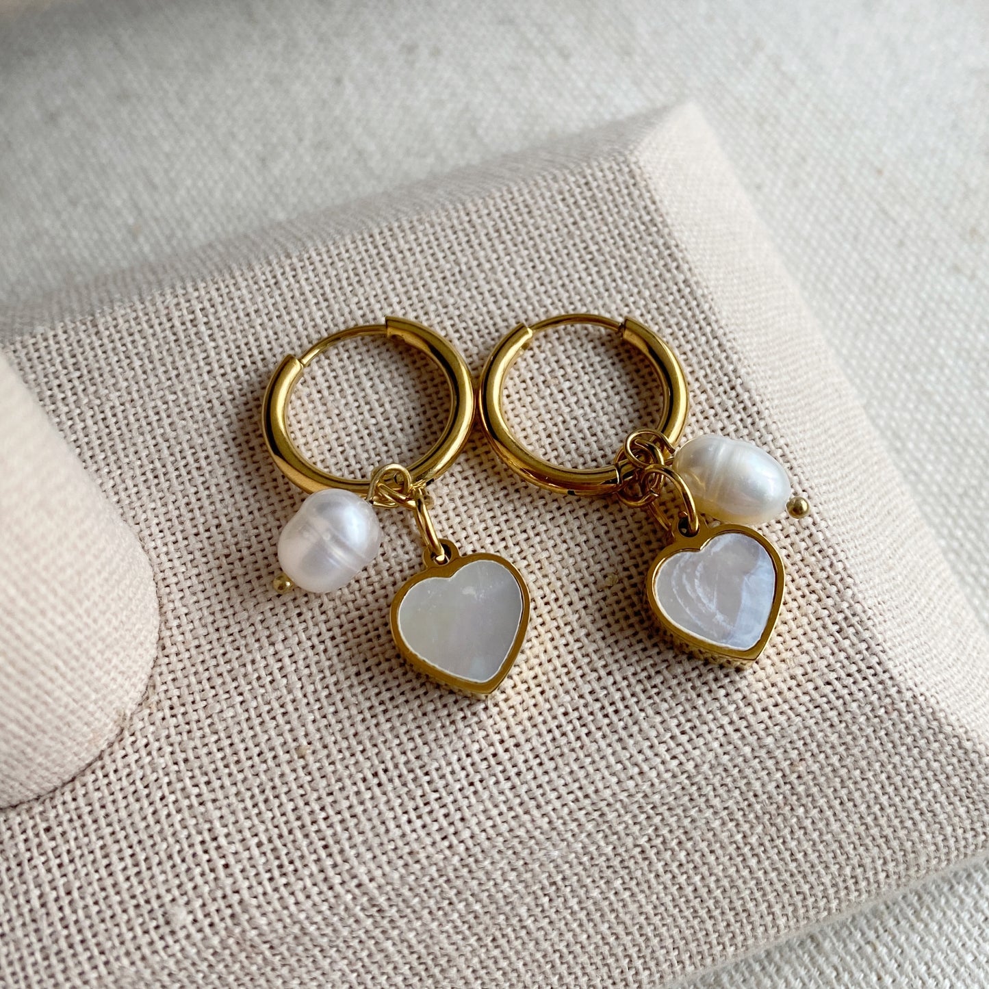 Pearl Heart Hoop Earrings Gold or Silver Stainless Steel Mother Of Pearl