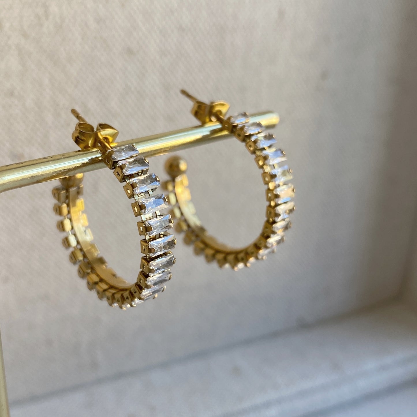 Baguette Gold Hoop Earrings Stainless Steel CZ Hoops Waterproof
