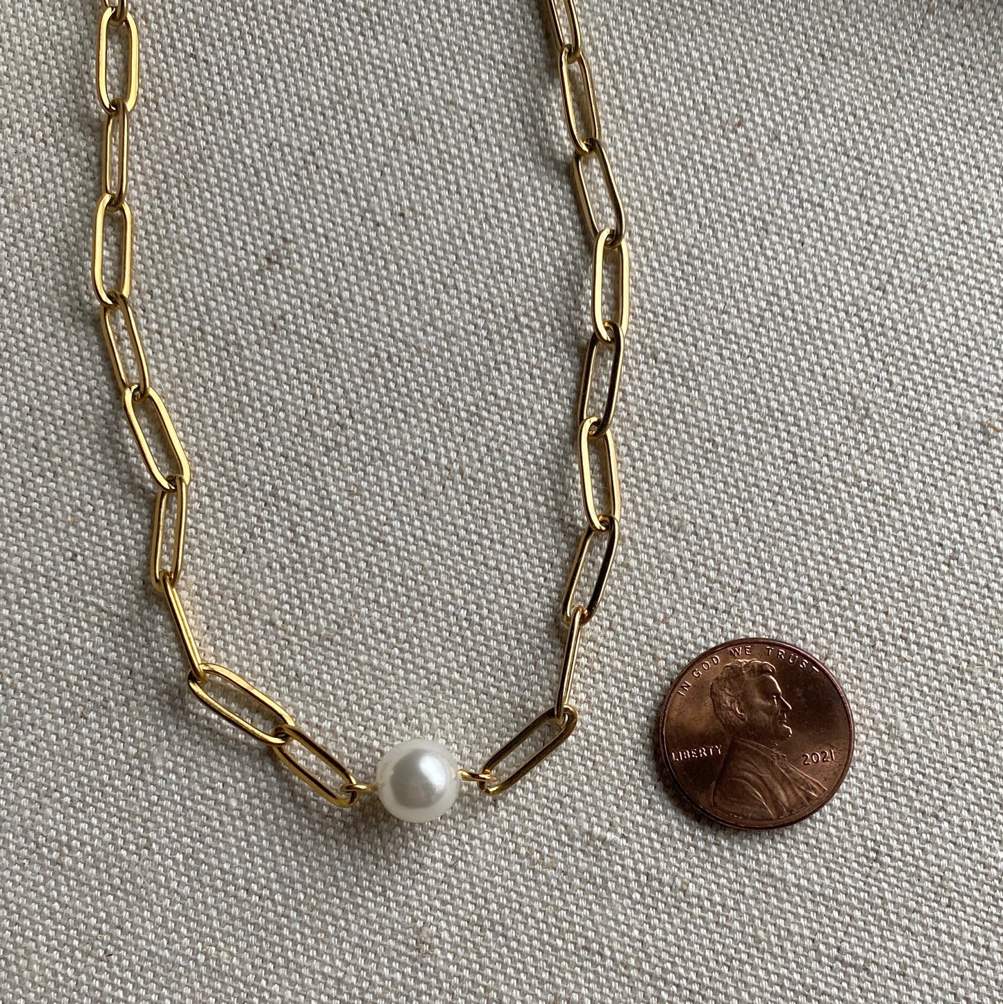 Paperclip Necklace Pearl Chunky Silver or Gold Waterproof Jewelry
