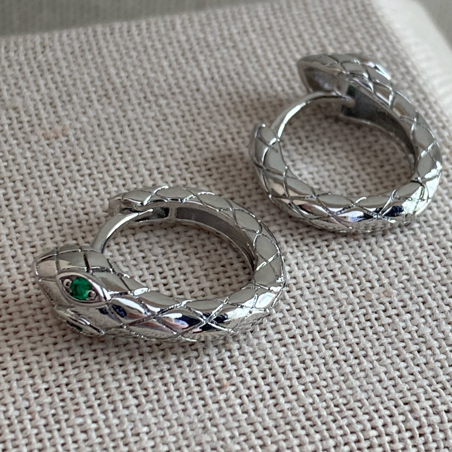 Silver Snake Huggies Green Gem Eyes Platinum Plated Hoop Earrings