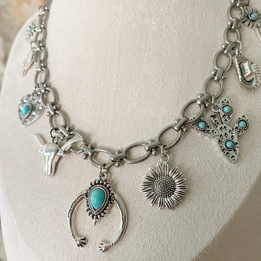 Charm Necklace Western Theme Chunky Turquoise Southwest Cowgirl Style