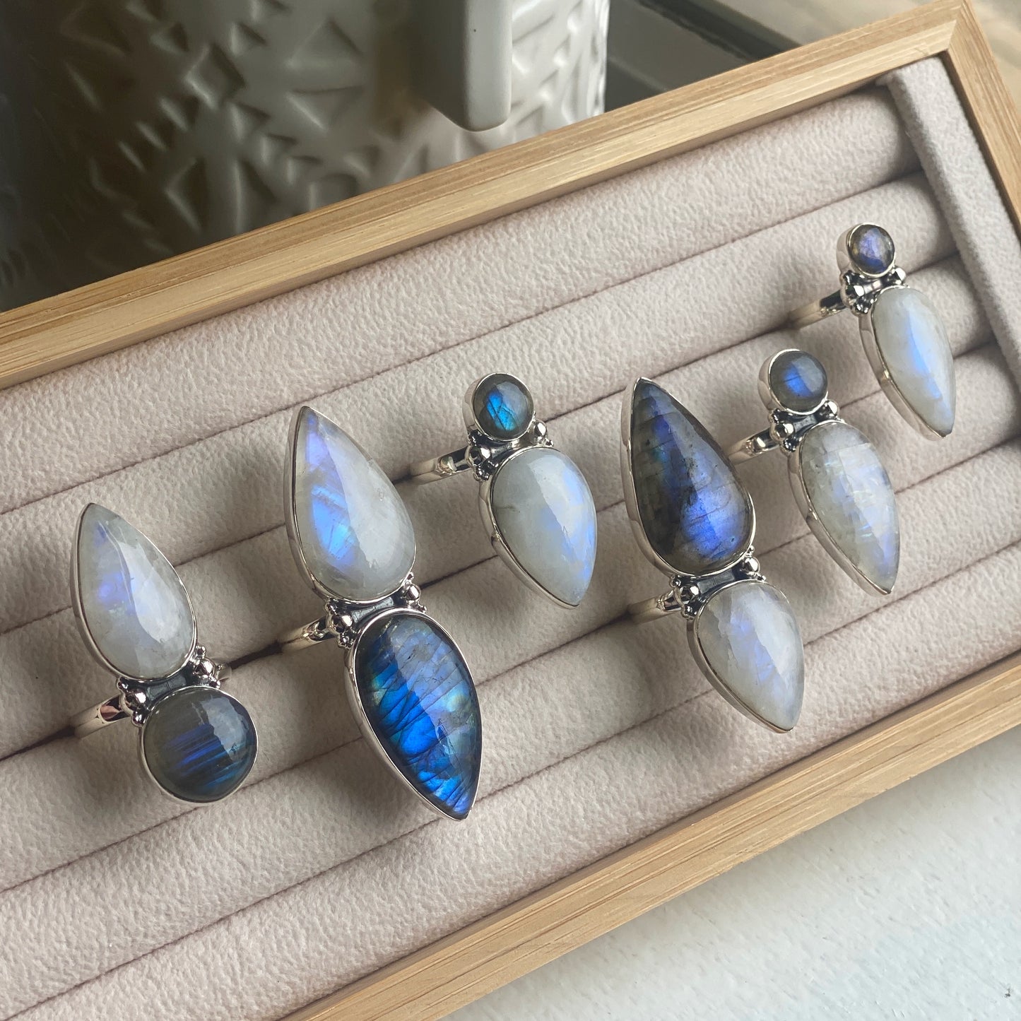 Labradorite and Moonstone Sterling Silver Statement Ring (one-of-a-kind - please review pictures and sizes carefully!)