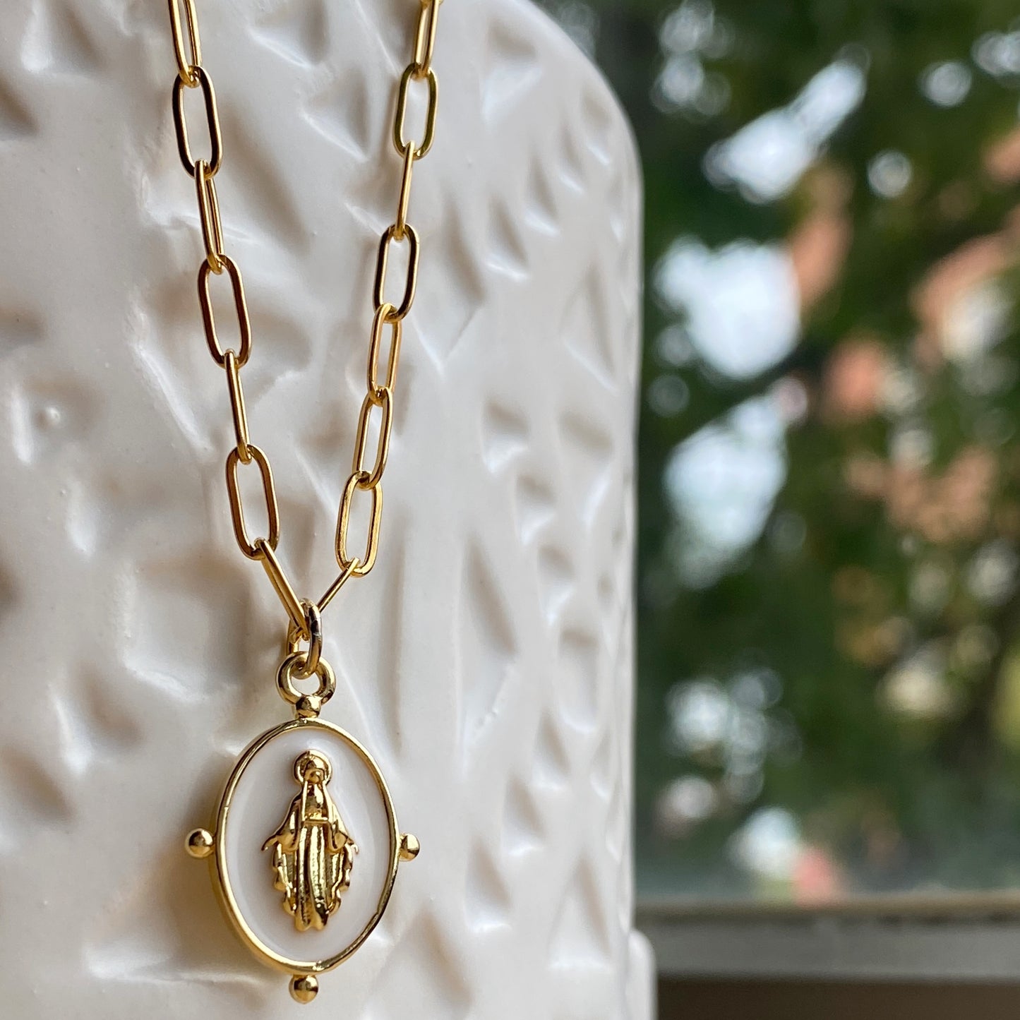 Mary Necklace Gold Enamel Stainless Steel Paperclip Waterproof Sacred Mother Jewelry Pink or White