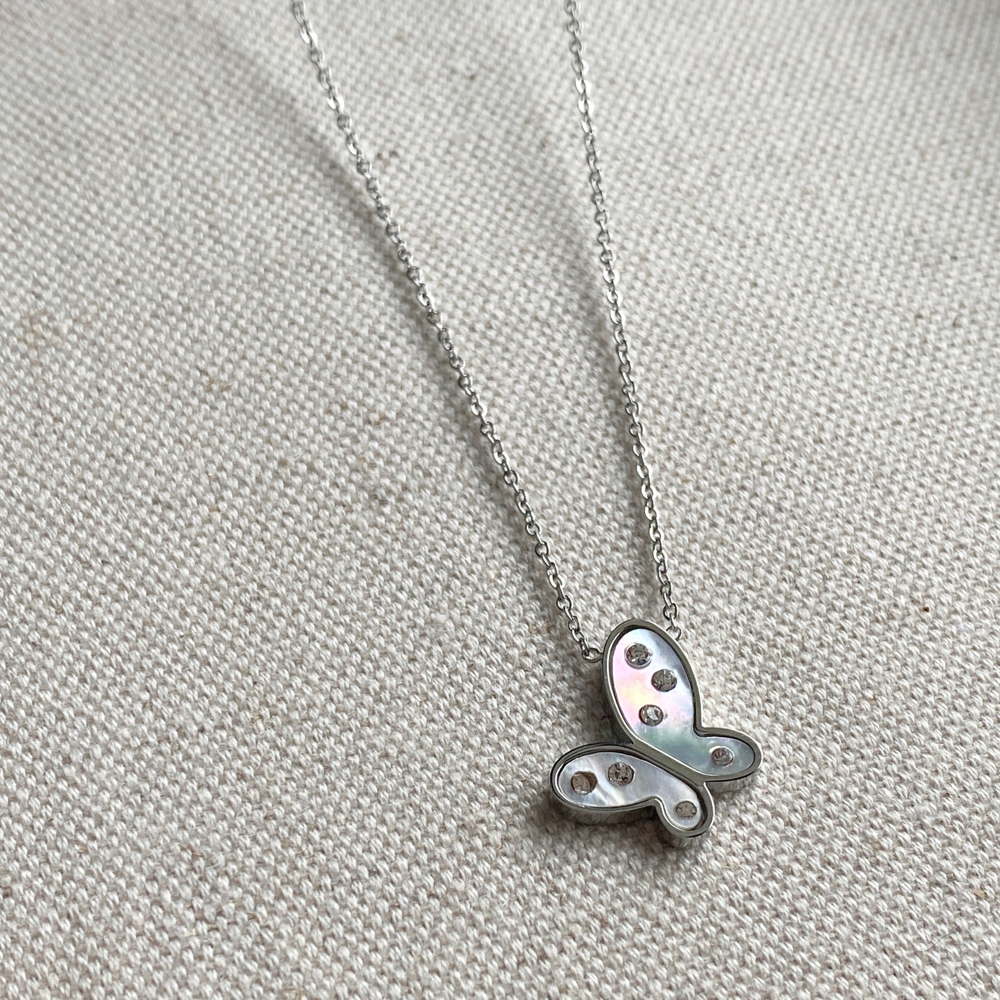 Butterfly Necklace Silver Mother Of Pearl CZ Stainless Steel Jewelry