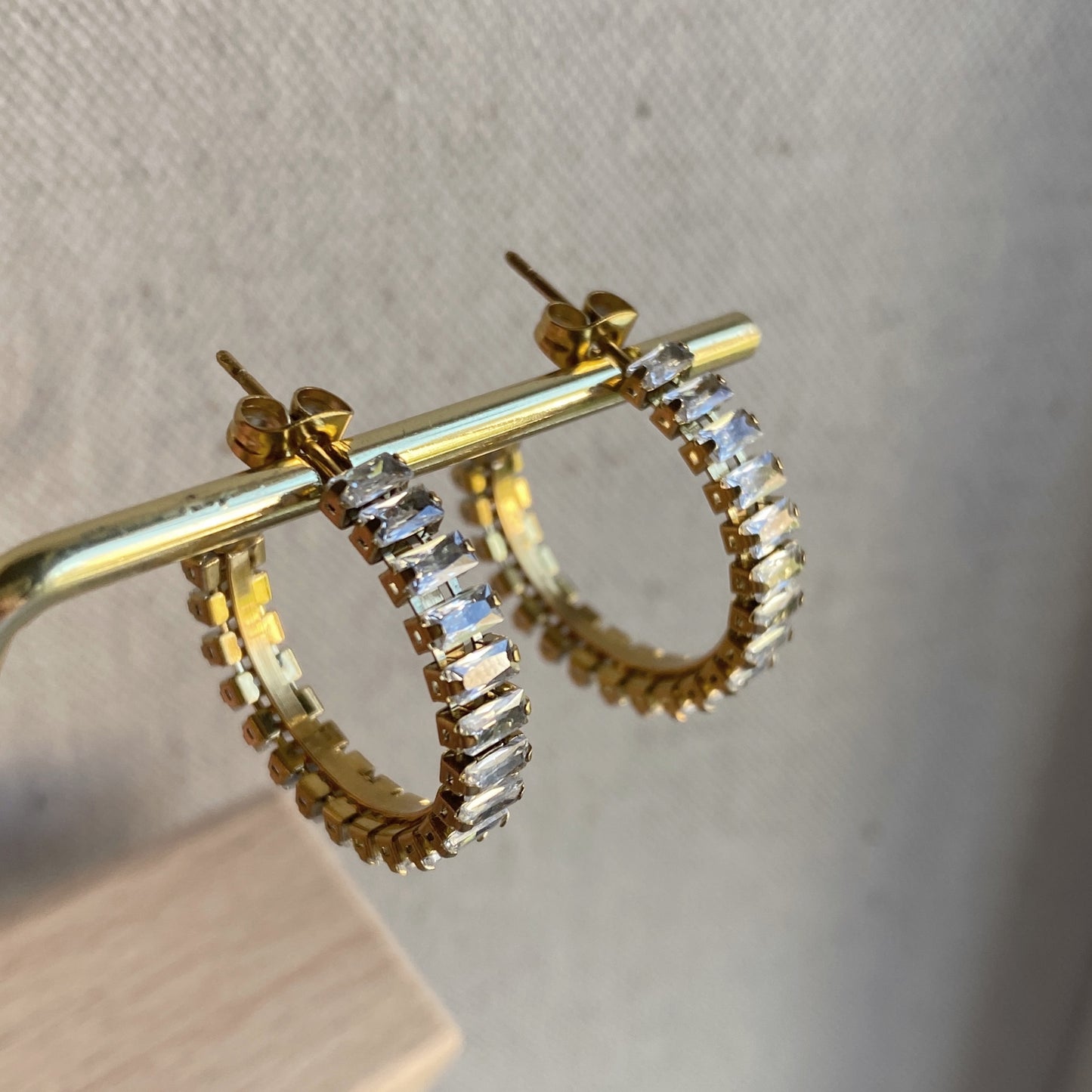 Baguette Gold Hoop Earrings Stainless Steel CZ Hoops Waterproof