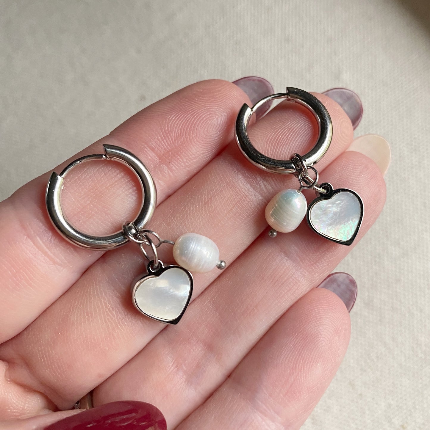 Pearl Heart Hoop Earrings Gold or Silver Stainless Steel Mother Of Pearl