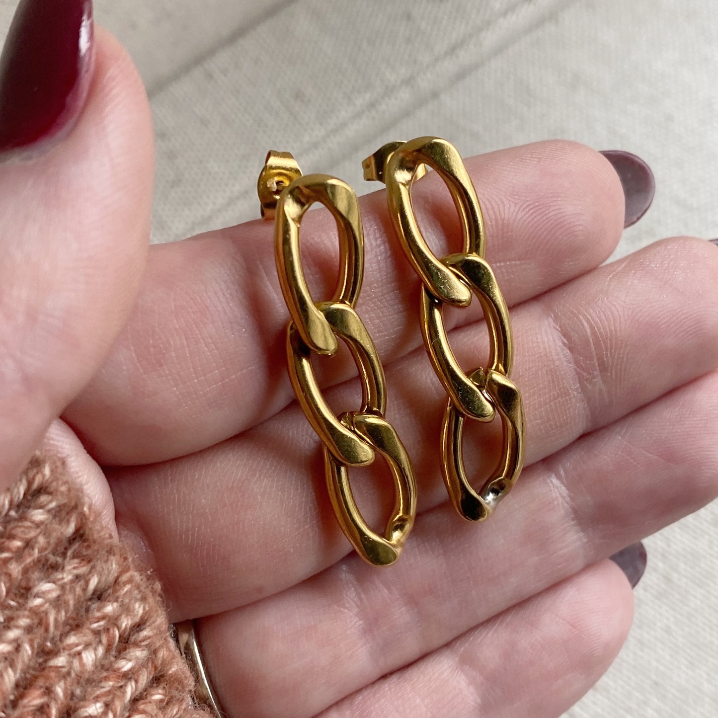 Chunky Gold Chain Link Stud Earrings Stainless Steel
