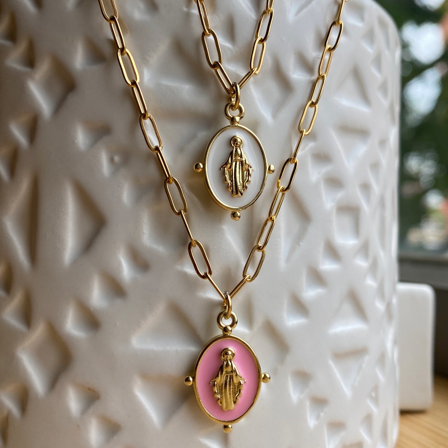 Mary Necklace Gold Enamel Stainless Steel Paperclip Waterproof Sacred Mother Jewelry Pink or White