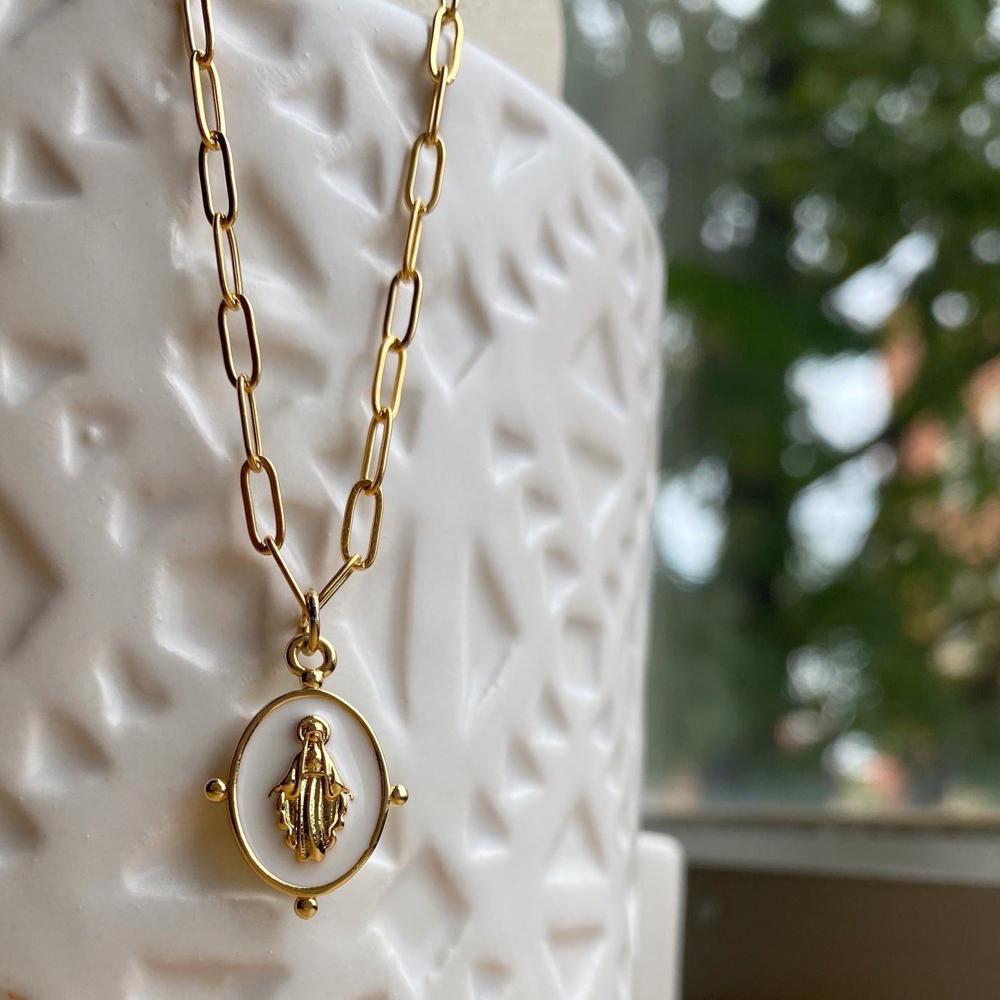 Mary Necklace Gold Enamel Stainless Steel Paperclip Waterproof Sacred Mother Jewelry Pink or White