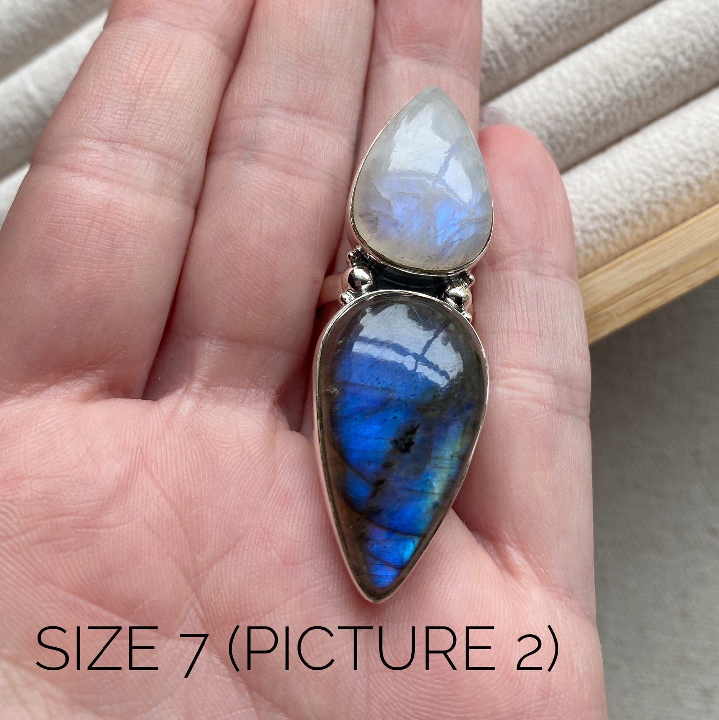 Labradorite and Moonstone Sterling Silver Statement Ring (one-of-a-kind - please review pictures and sizes carefully!)