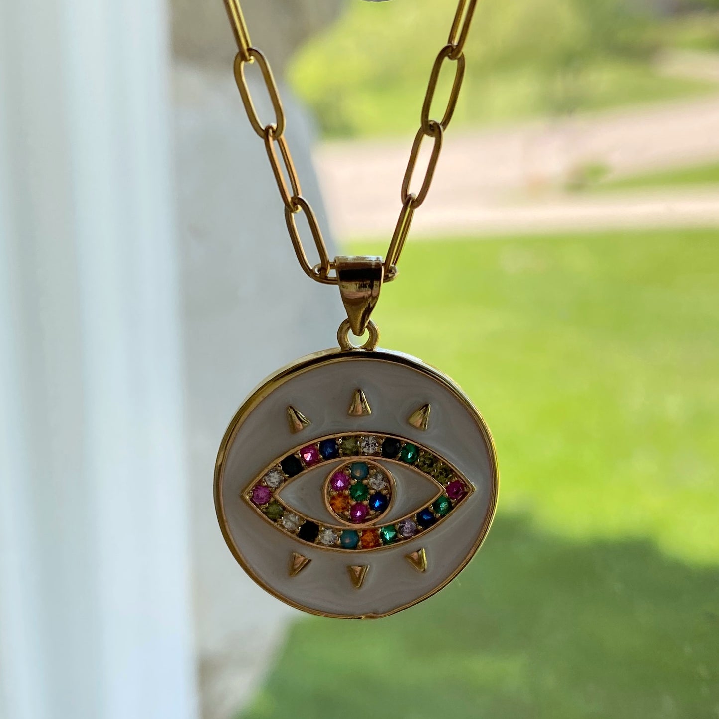 Evil Eye Of Protection Gold Pendant Enamel Gem Layering Necklace