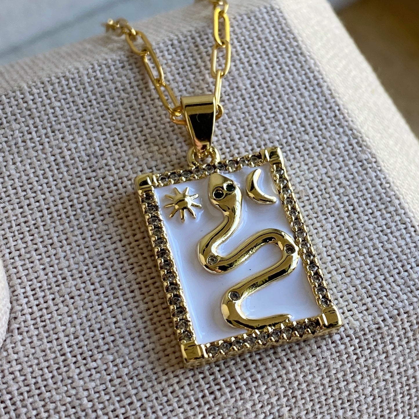 Snake Sun Moon Gold Enamel Pendant Square Necklace Stainless Steel