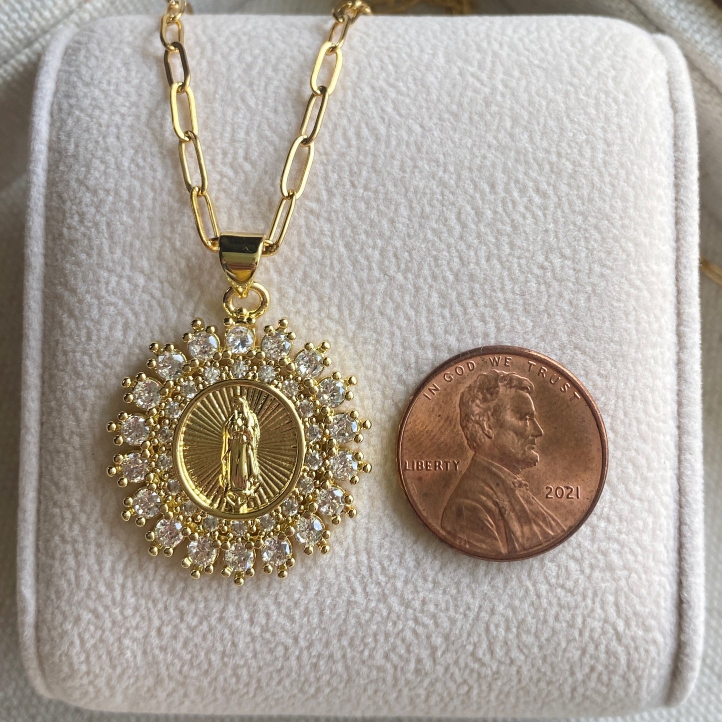 Gold Sacred Mother Necklace CZ Pendant Paperclip Religious Mary Medal