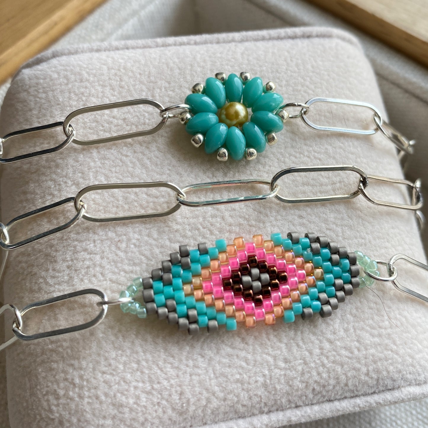 Beaded Bracelet Hand Woven Geometric Sterling Silver Paperclip Chain