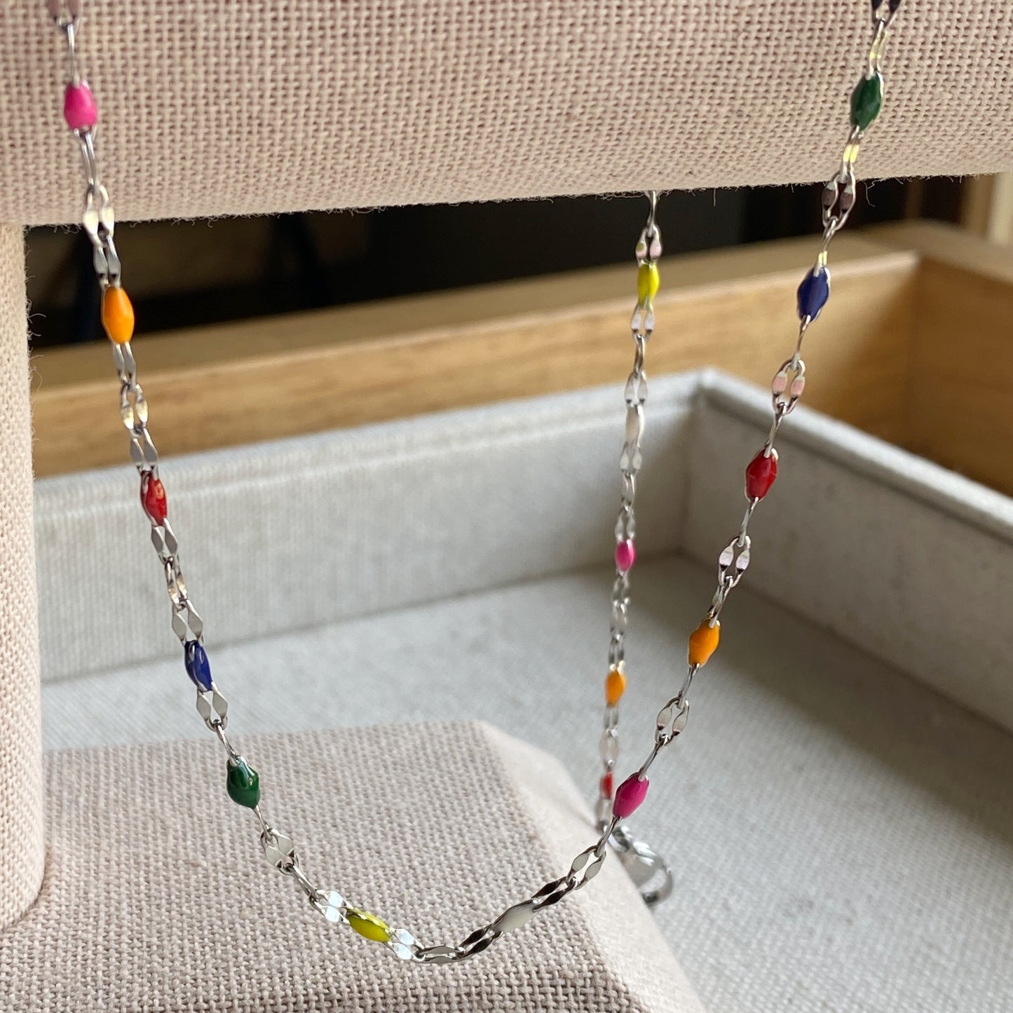 Silver Necklace Rainbow Colorful Dainty Lace Chain Stainless Steel Waterproof