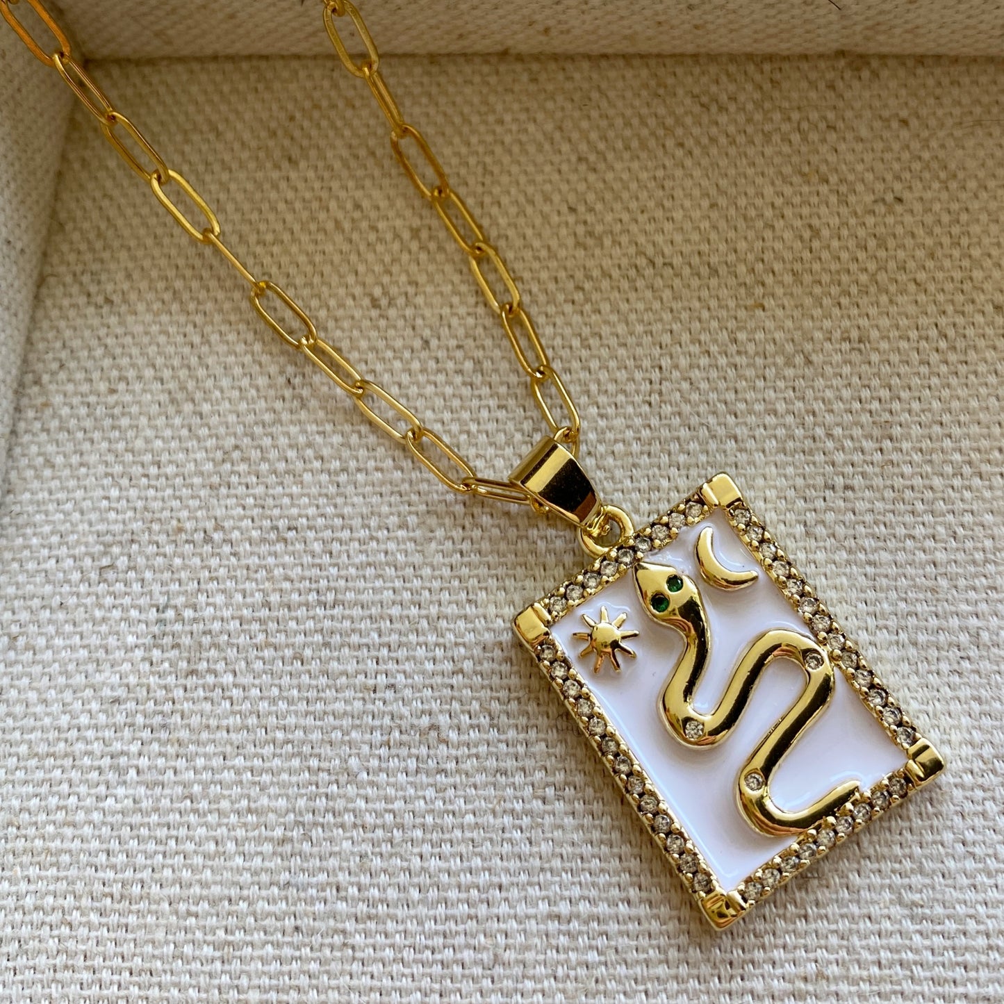 Snake Sun Moon Gold Enamel Pendant Square Necklace Stainless Steel