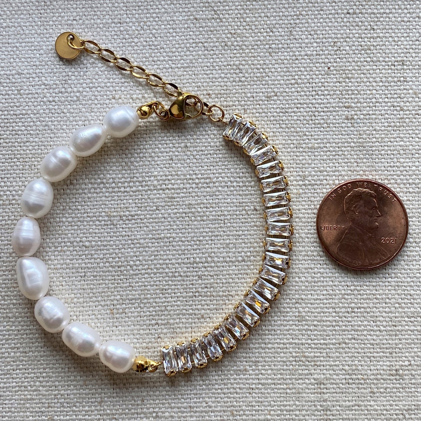 Tennis Pearl Half and Half Bracelet Baguette CZ Gold or Silver Stainless Steel