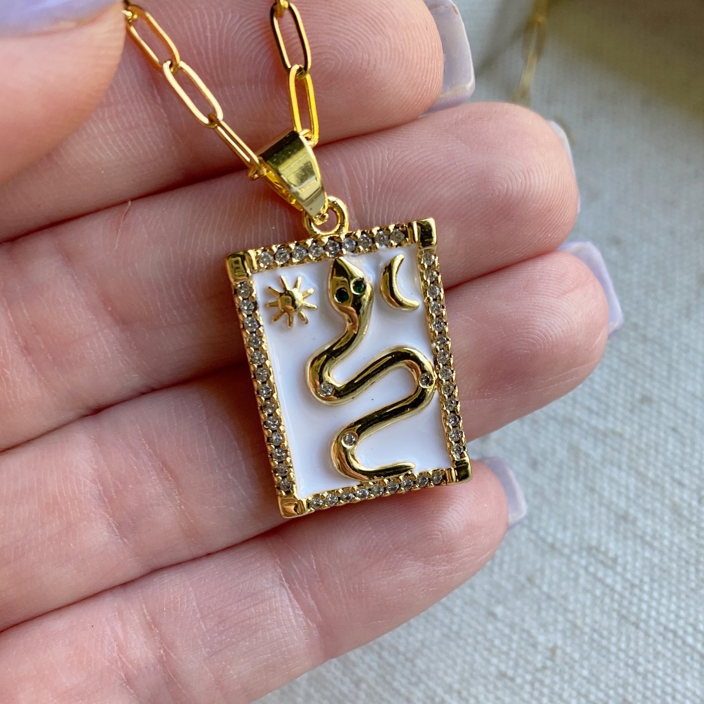 Snake Sun Moon Gold Enamel Pendant Square Necklace Stainless Steel