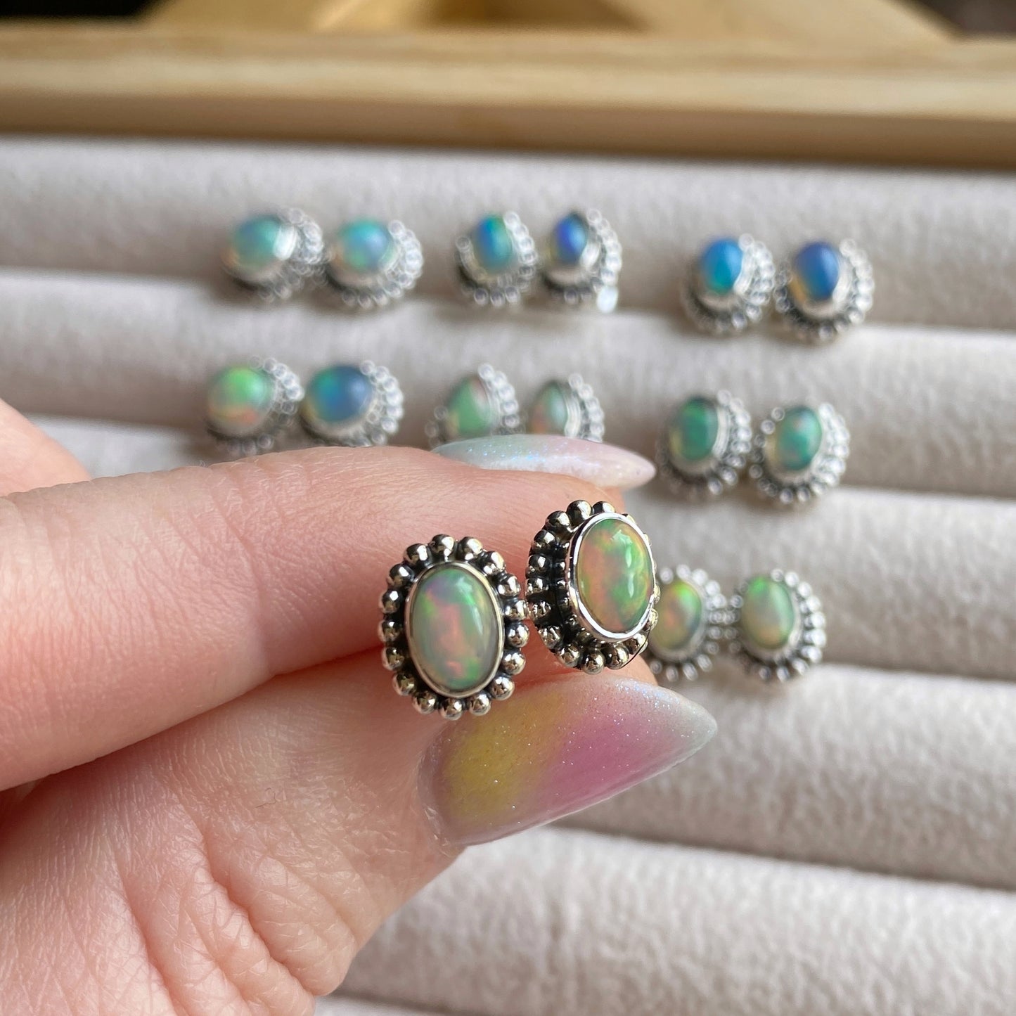 Natural Opal Stud Earrings Sterling Silver