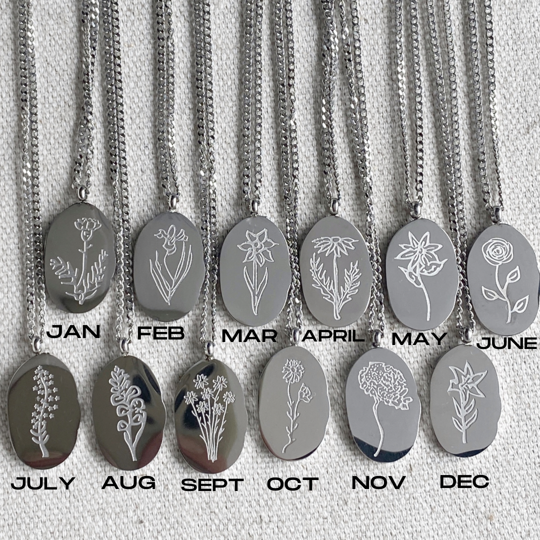 Birth Flower Necklace Silver Stainless Steel Waterproof Jewelry