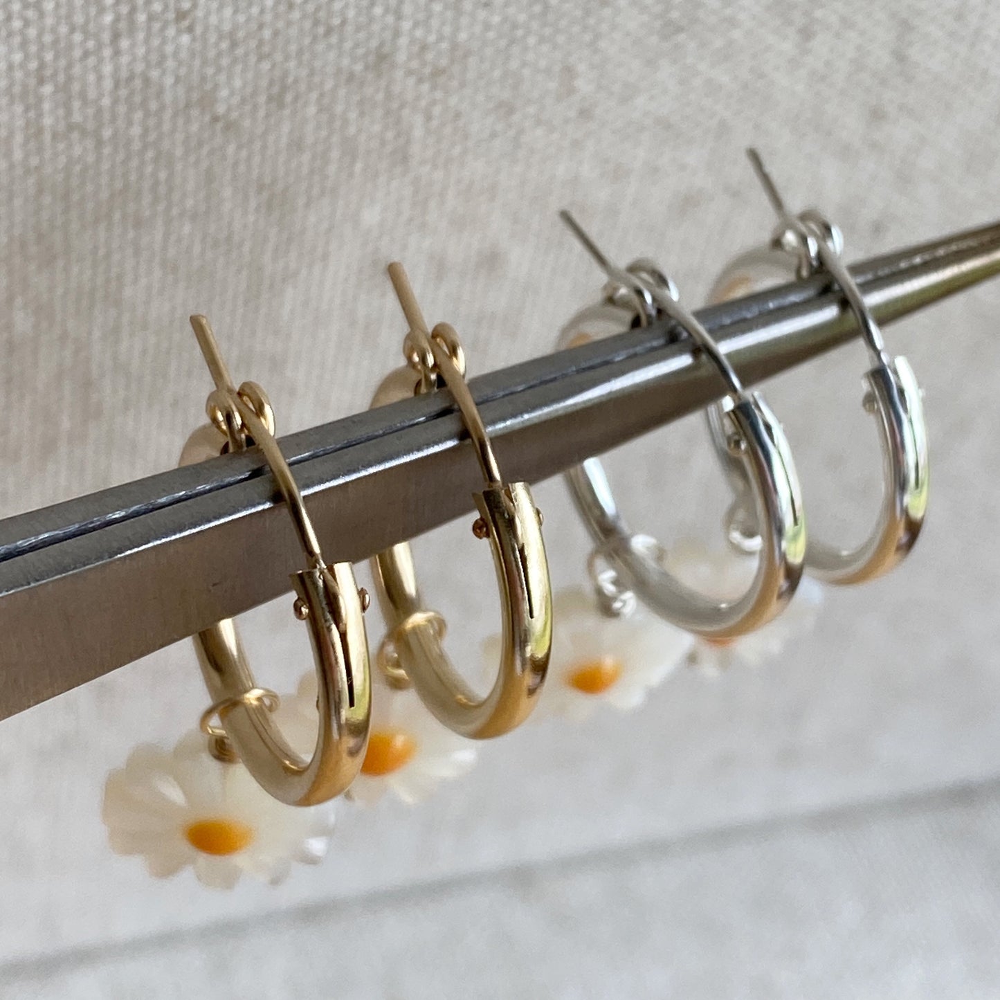 Daisy Hoop Earrings Silver or Gold Mother Of Pearl Flower Hoops