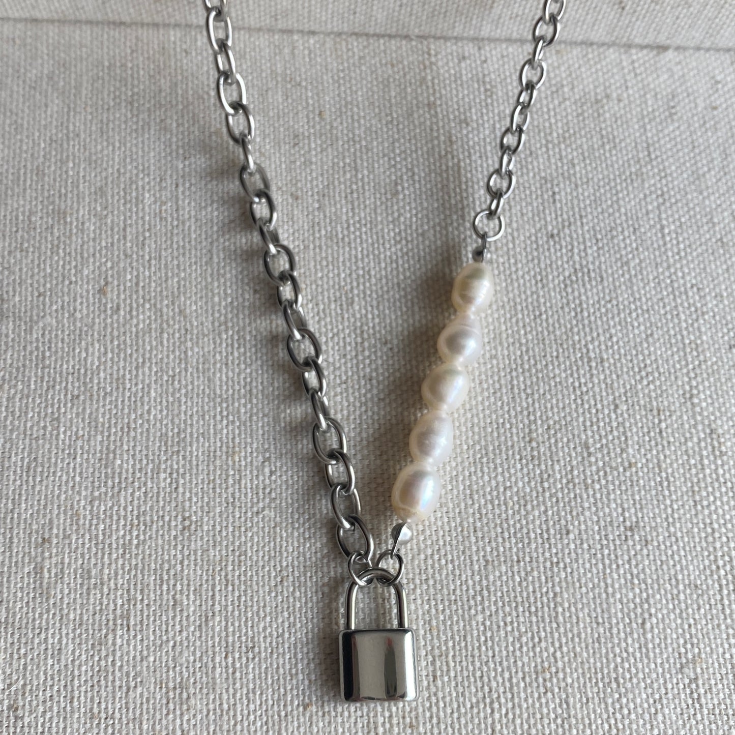 Pearl Lock Necklace Silver Stainless Steel Chunky Jewelry