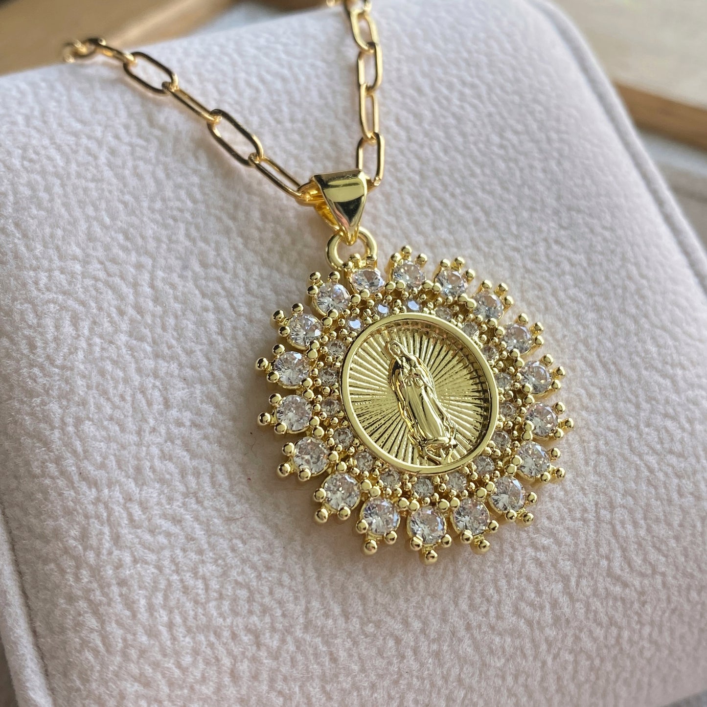 Gold Sacred Mother Necklace CZ Pendant Paperclip Religious Mary Medal
