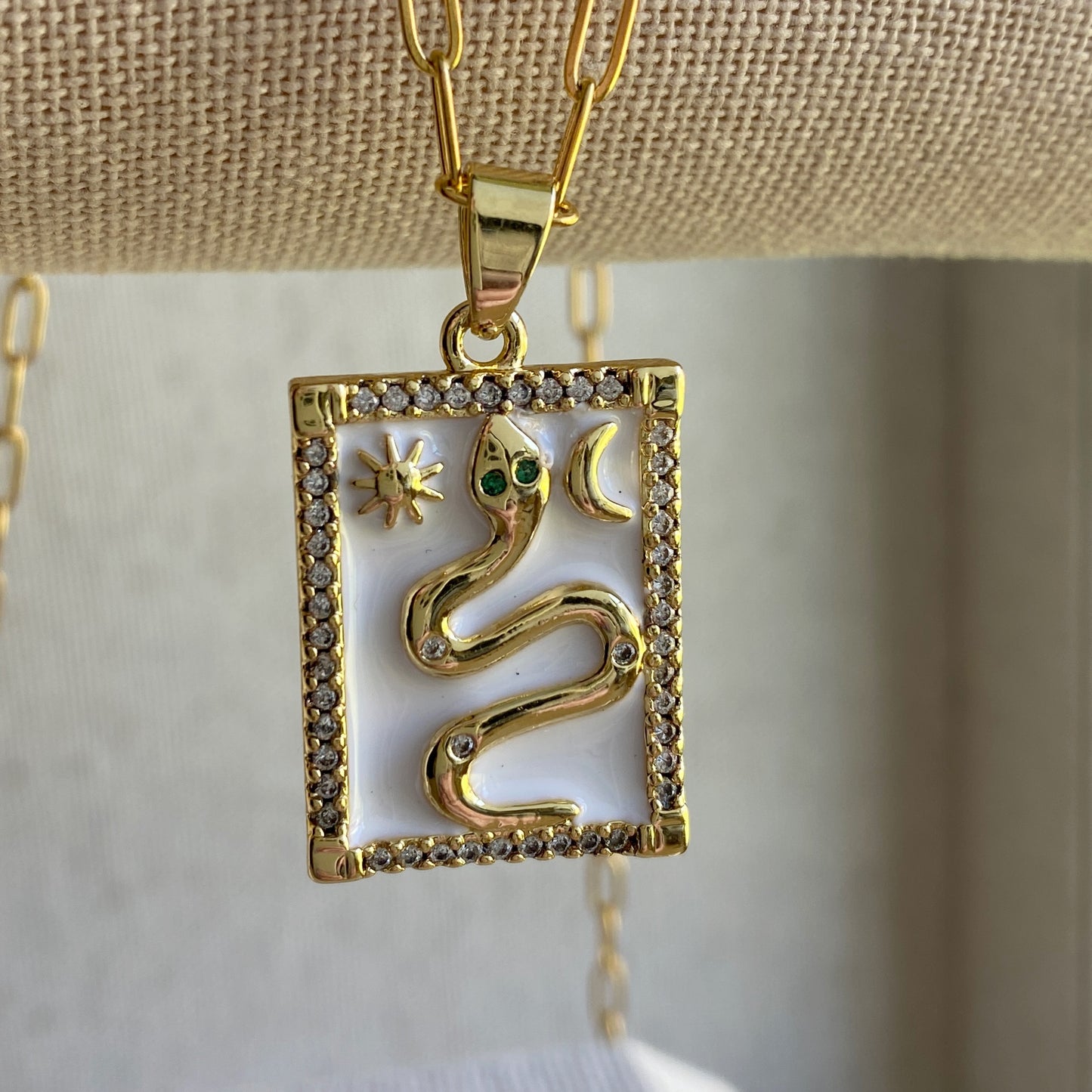 Snake Sun Moon Gold Enamel Pendant Square Necklace Stainless Steel