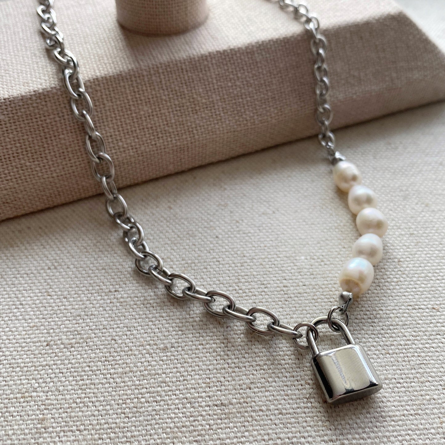Pearl Lock Necklace Silver Stainless Steel Chunky Jewelry