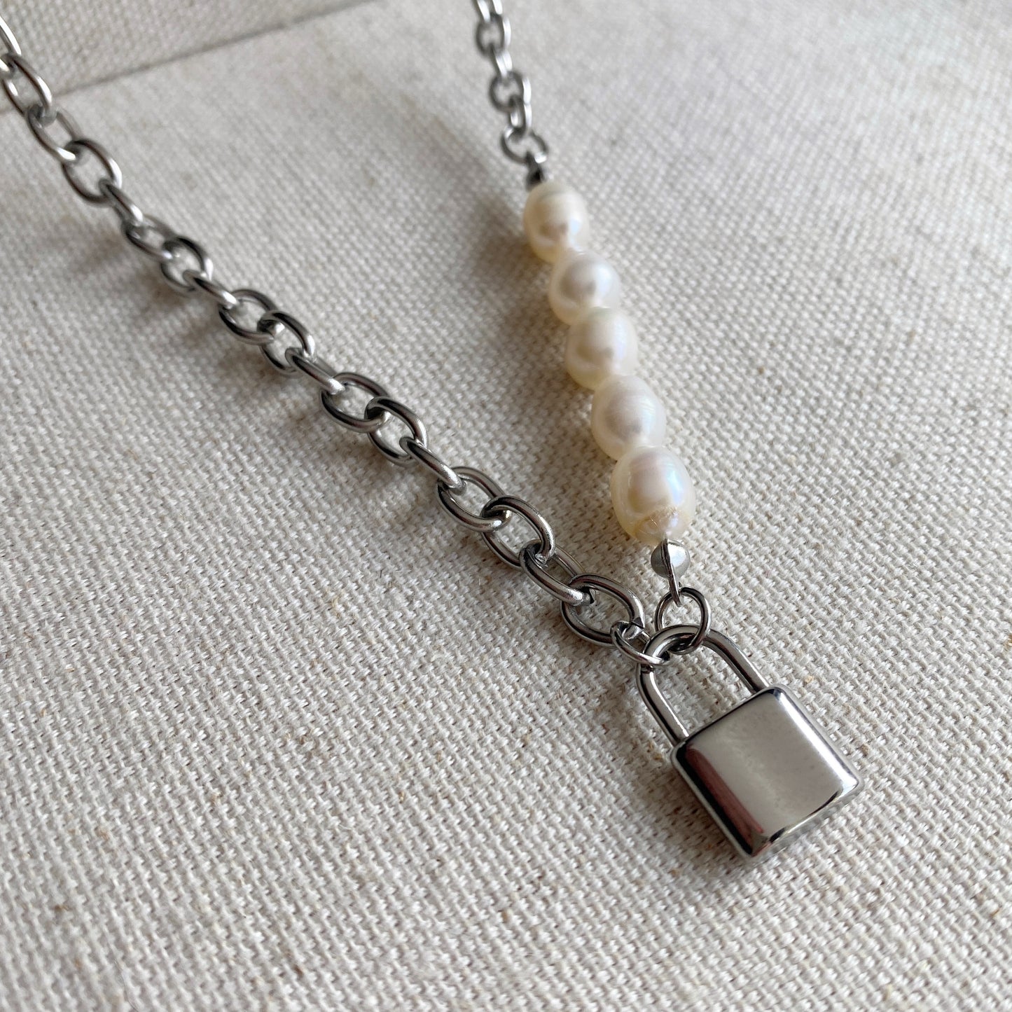 Pearl Lock Necklace Silver Stainless Steel Chunky Jewelry