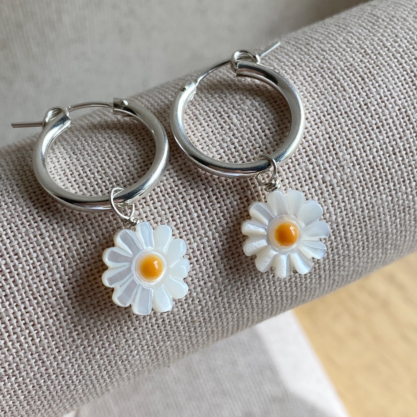Daisy Hoop Earrings Silver or Gold Mother Of Pearl Flower Hoops