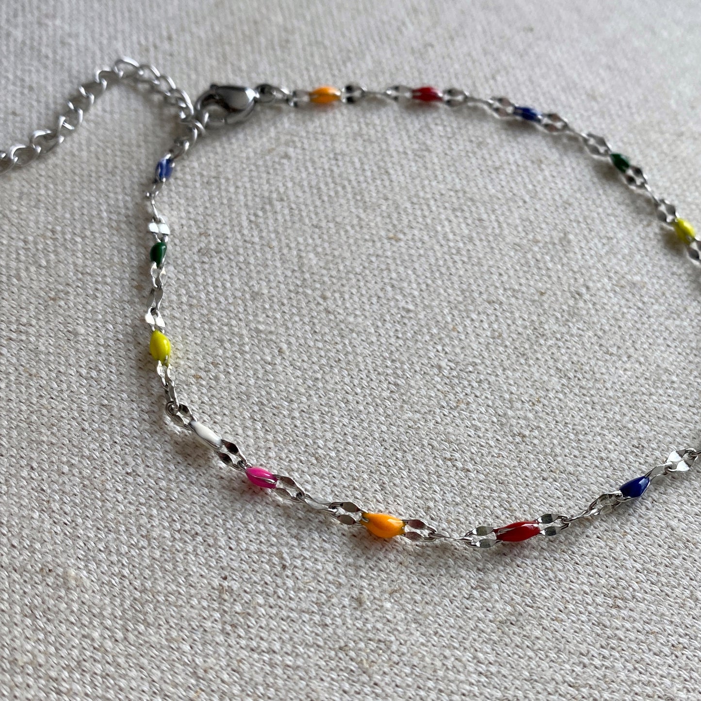 Silver Anklet Rainbow Colorful Dainty Lace Chain Stainless Steel Waterproof