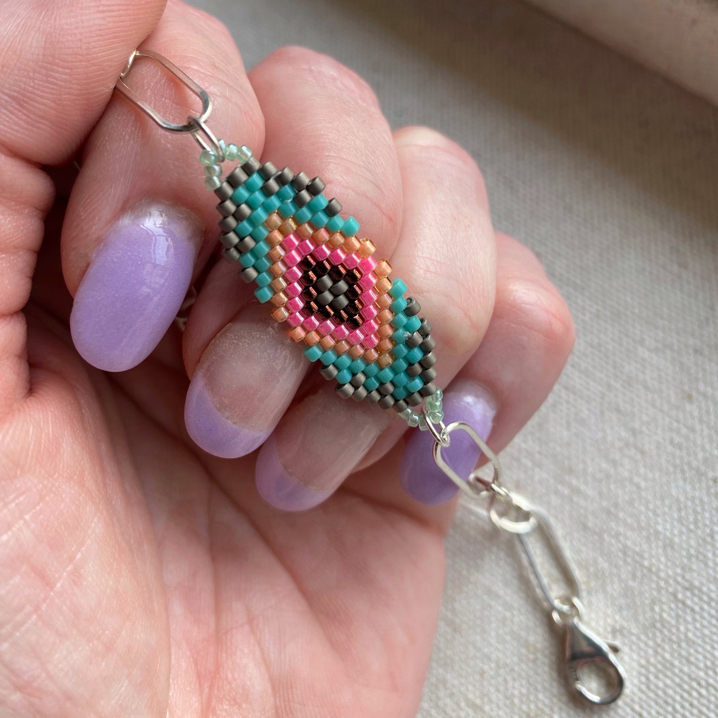 Beaded Bracelet Hand Woven Geometric Sterling Silver Paperclip Chain