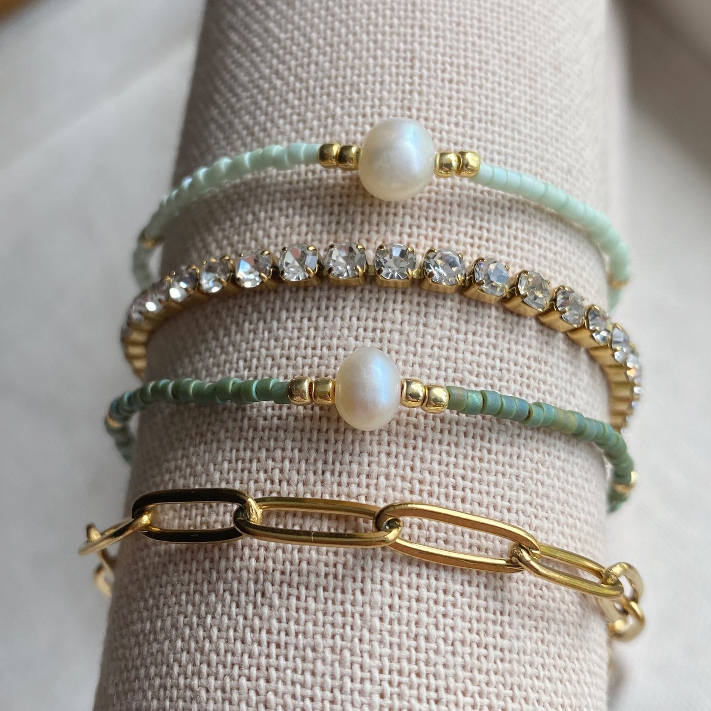 Beaded Adjustable Bracelet Seed Bead Pastel Gold Jewelry