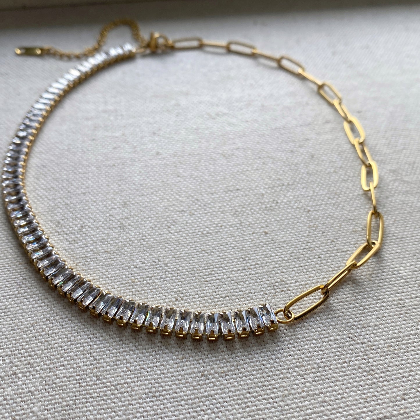Gold Choker Necklace Half and Half Baguette CZ Tennis Paperclip Chain Waterproof Jewelry