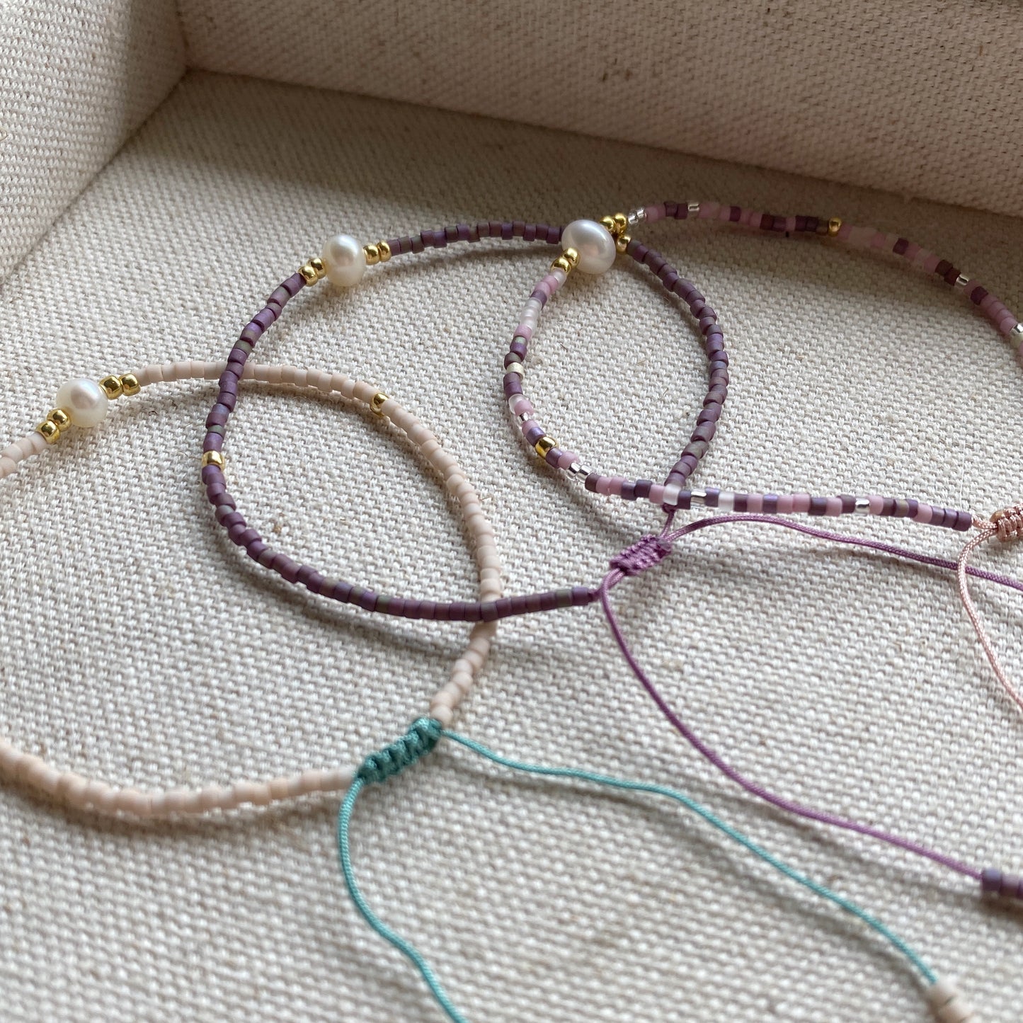 Beaded Adjustable Bracelet Seed Bead Pastel Gold Jewelry
