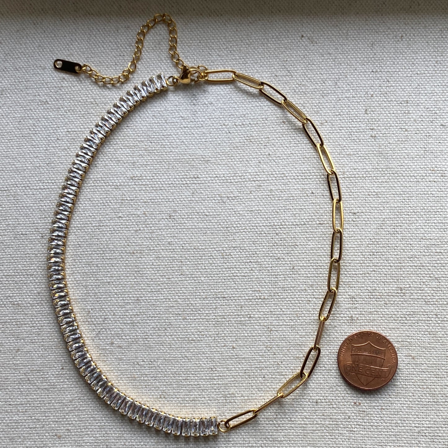 Gold Choker Necklace Half and Half Baguette CZ Tennis Paperclip Chain Waterproof Jewelry