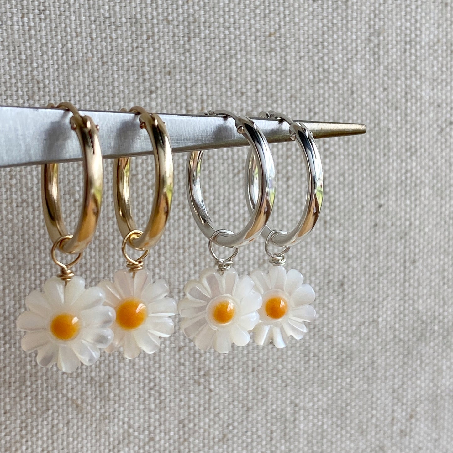 Daisy Hoop Earrings Silver or Gold Mother Of Pearl Flower Hoops