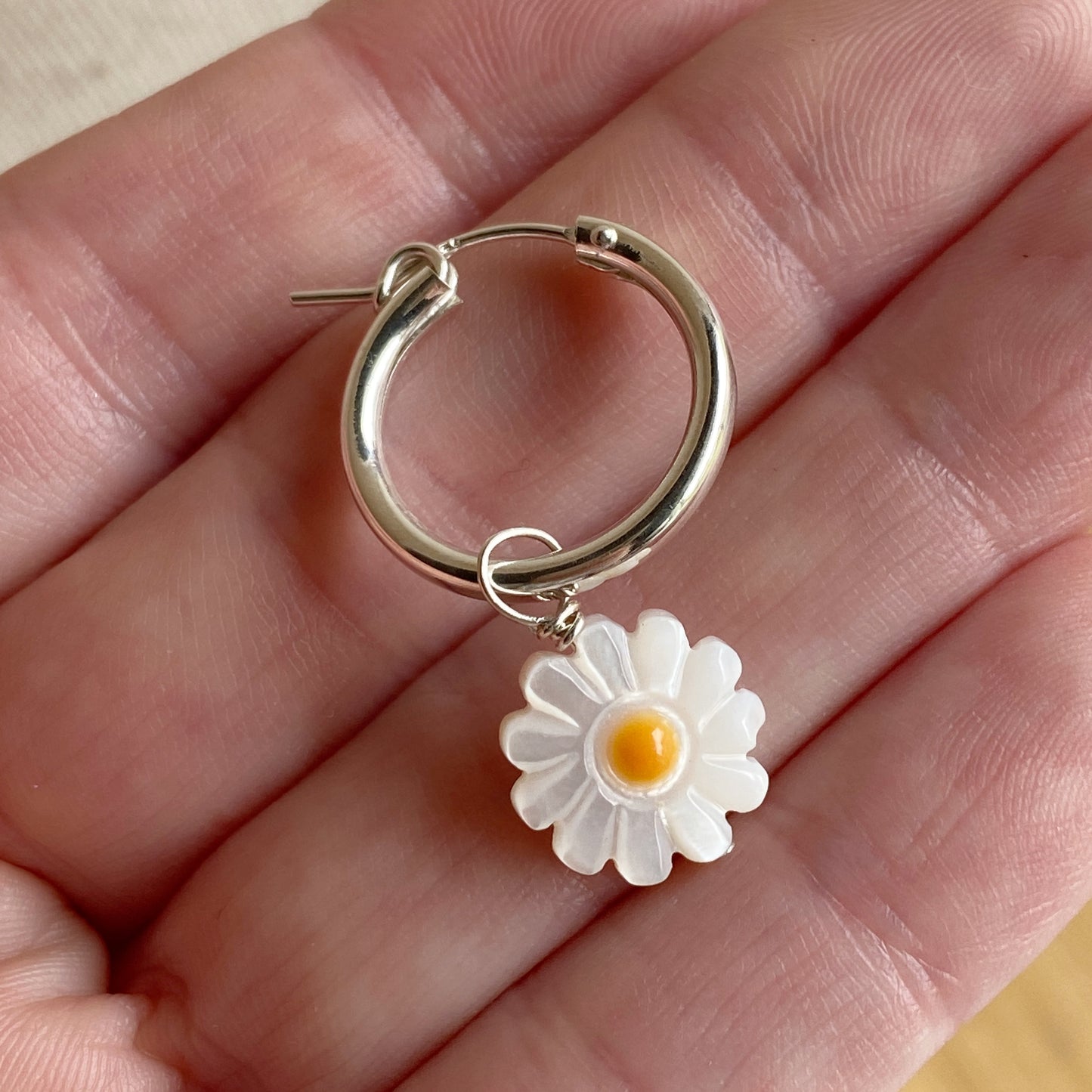 Daisy Hoop Earrings Silver or Gold Mother Of Pearl Flower Hoops