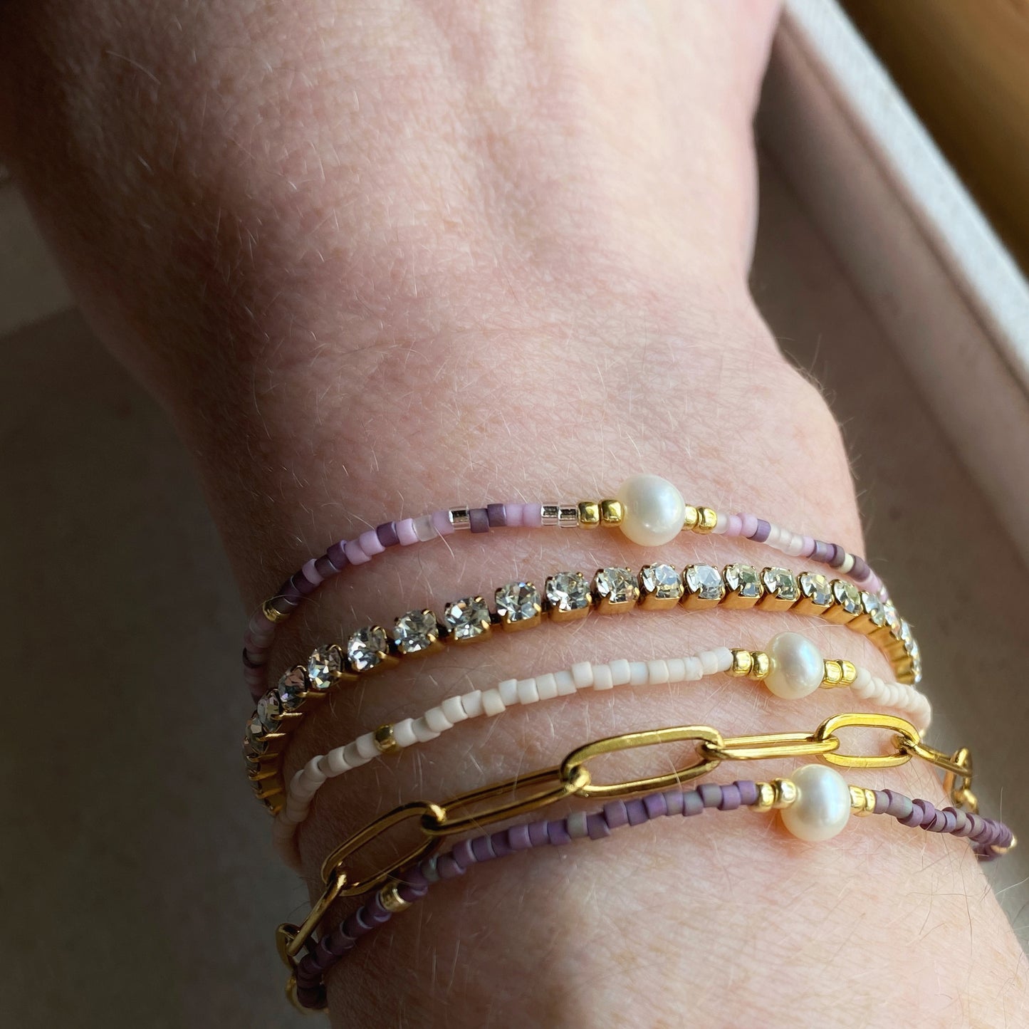 Beaded Adjustable Bracelet Seed Bead Pastel Gold Jewelry